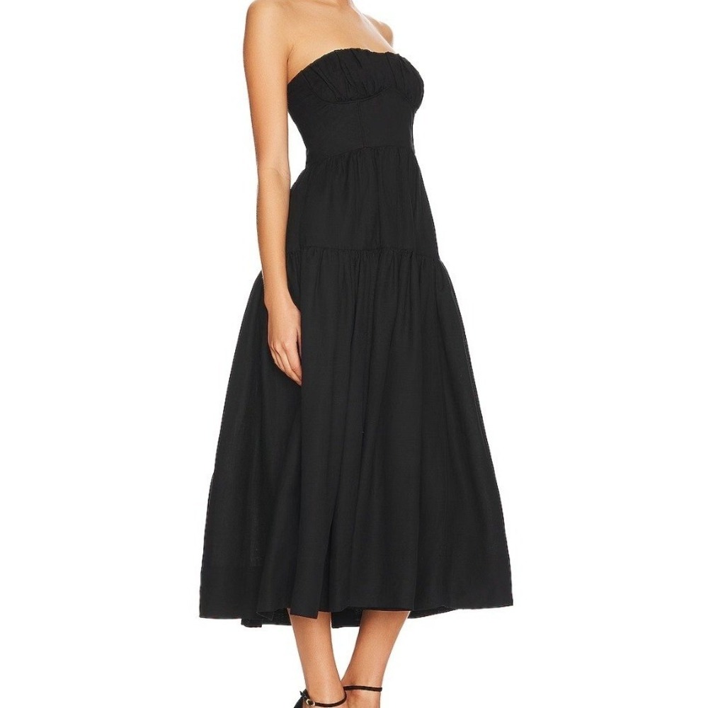 Shona Joy Black Linen Blend Morgan Midi Dress, 4 Pleated Sweetheart REVOLVE LBD